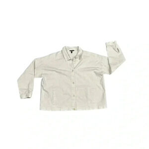 Eileen Fisher Cotton Blend Lightweight Jacket Large Cream Button Pockets Stretch